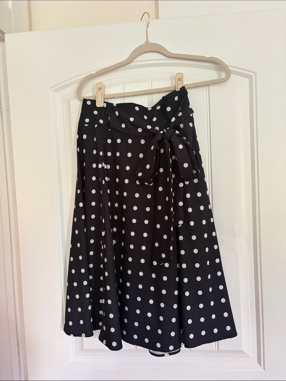 Black Polka Dot A-Line Midi Skirt with Waist Tie
